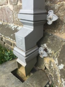 Conservation Rainwater Goods - Lapford Church Tower Downpipes Shoe and Rainwater Gulley
